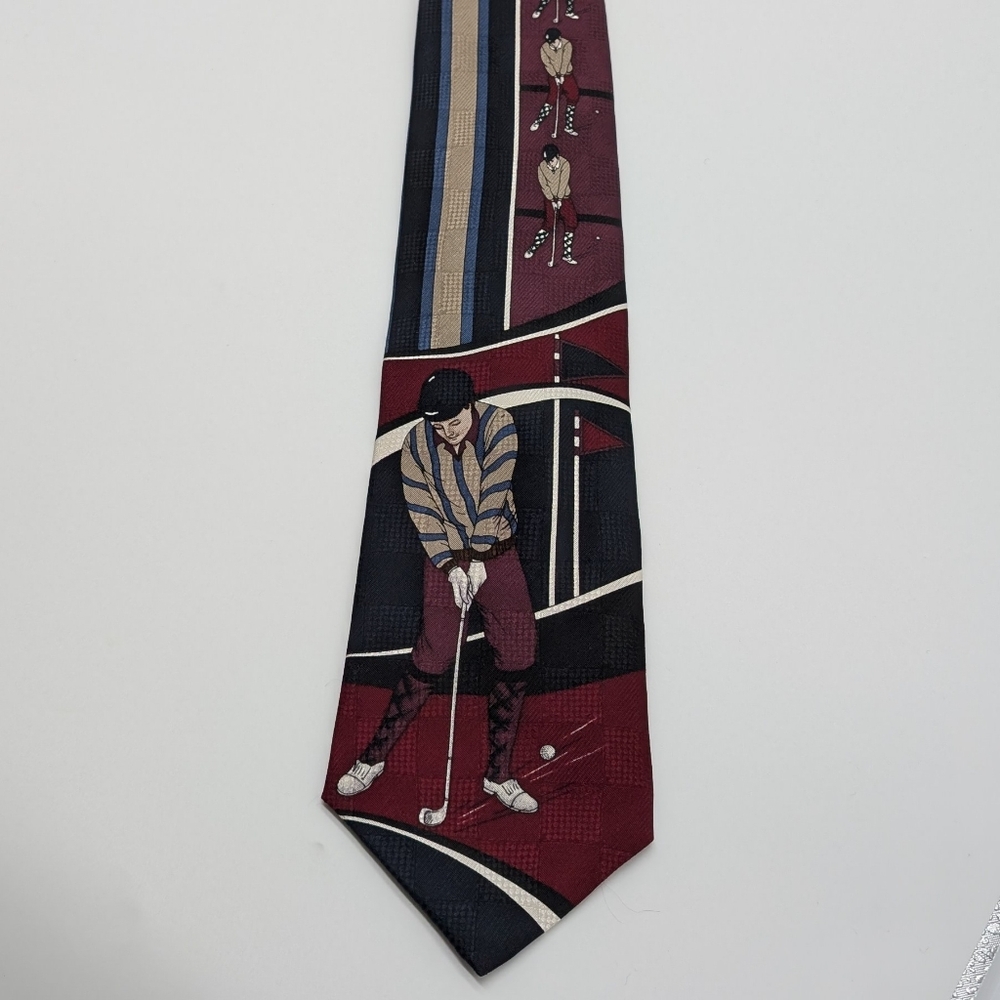 Vintage Golf Themed Tie with Burgundy and Black All Silk